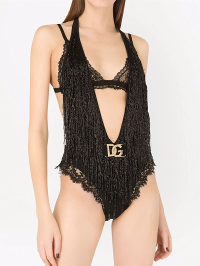 Dolce & Gabbana Logo-tag Fringed Swimsuit In Black