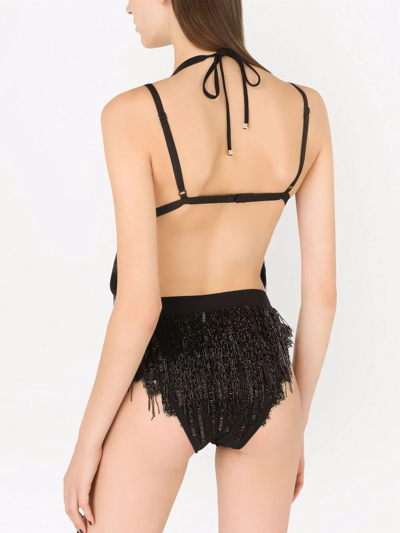 Dolce & Gabbana Logo-tag Fringed Swimsuit In Black