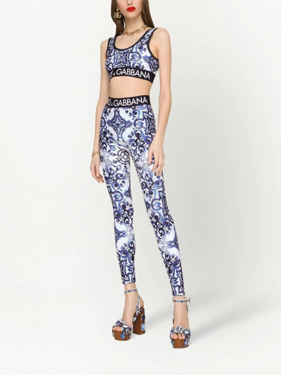 Dolce & Gabbana Logo Band Tile-print Lycra Bra Top In Blue