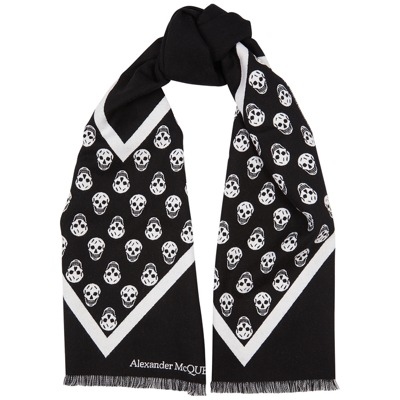 Shop Alexander Mcqueen Monochrome Skull-intarsia Wool Scarf In Black