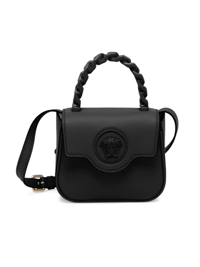 Shop Versace Women's Mini La Medusa Chain Leather Top Handle Bag In Black