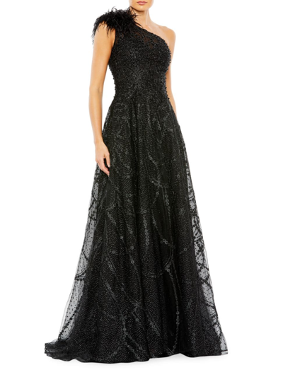 Shop Mac Duggal Women's One-shoulder Feathered A-line Gown In Black