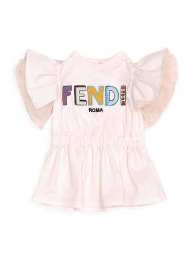 Shop Fendi Baby Girl's Flutter Sleeve Logo Dress In Pink