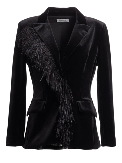 Shop Teri Jon By Rickie Freeman Women's Feather Trimmed Velvet Blazer In Black