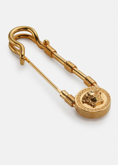 Shop Versace Safety Pin Brooch In Tribute Gold