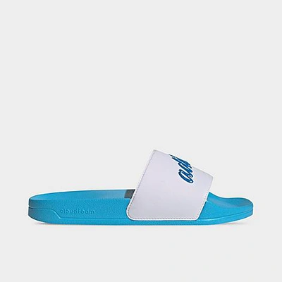 Shop Adidas Originals Adidas Women's Adilette Shower Slide Sandals In White/blue Rush Metallic/sky Rush