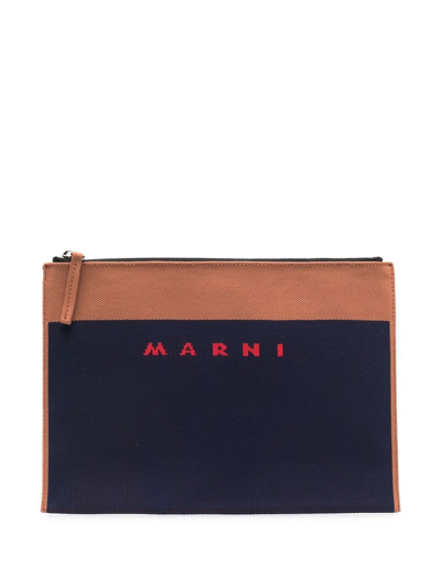 Shop Marni Logo Print Clutch Bag In Blue