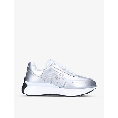 Shop Alexander Mcqueen Women's Silver Women's Sprint Runner Logo-embossed Leather Low-top Trainers