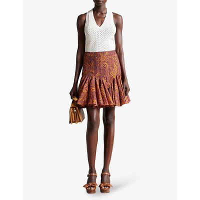 Shop Ted Baker Staysey Botanical-print Ruffled-hem Woven Mini Skirt In Brown