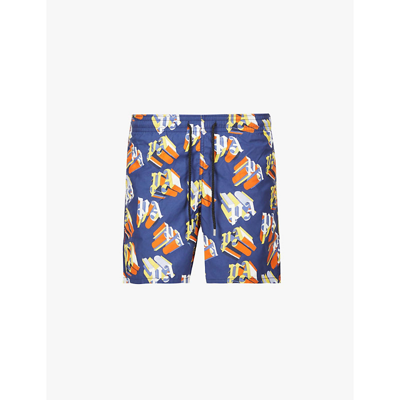 Shop Palm Angels X Vilebrequin Monogram-print Recycled-shell Swim Shorts In Blue Brown