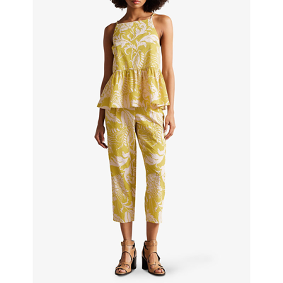 Shop Ted Baker Womens Yellow Mahbel Floral-print Peplum Woven Top