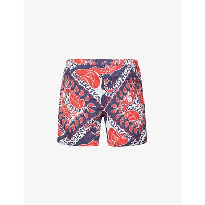 Shop Valentino Manifesto Bandana Regular-fit Swim Shorts In Bianco/blu/rosso