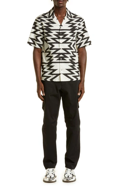 Shop Moncler Graphic Print Snap Front Short Sleeve Camp Shirt In White/ Black