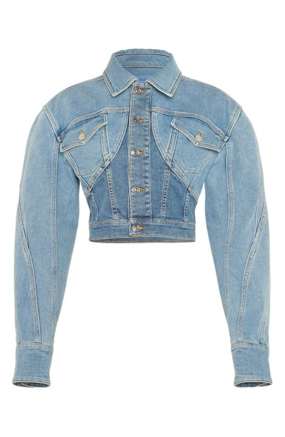 Shop Mugler Mixed Wash Crop Denim Jacket In B6403 Medium Blue