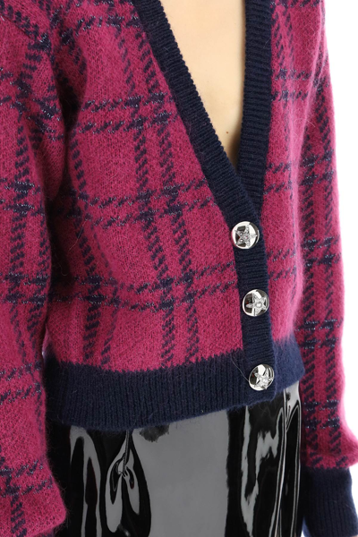 Shop Alessandra Rich Tartan Wool And Mohair Cardigan In Purple,blue