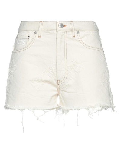 Shop Gcds Woman Denim Shorts Ivory Size 28 Cotton In White