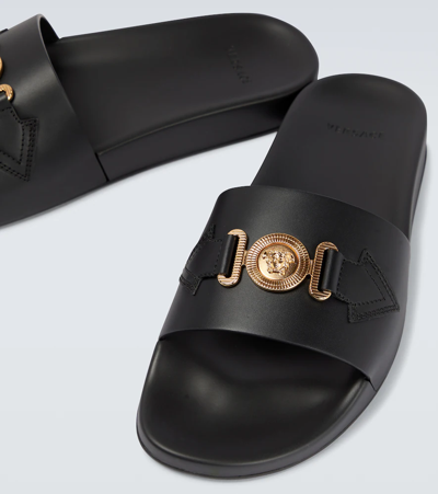 Versace La Medusa Embellished Leather Slides In Nero-oro