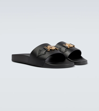 Versace La Medusa Embellished Leather Slides In Nero-oro