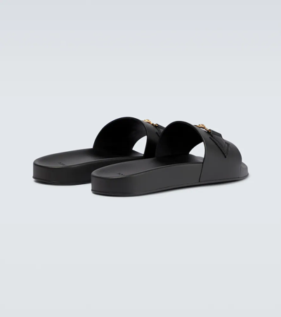 Versace La Medusa Embellished Leather Slides In Nero-oro