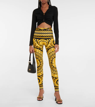 Versace Gold And Black Stretch Fabric Leggings With Baroque Heriatge Print In Black+gold