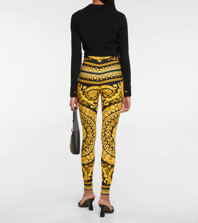 Versace Gold And Black Stretch Fabric Leggings With Baroque Heriatge Print In Black+gold