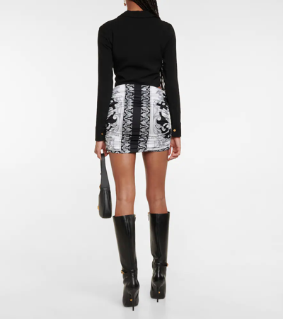 Shop Versace Silver Baroque Ruched Miniskirt In Black+white