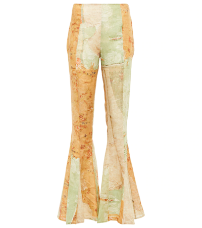 Shop Acne Studios Patchwork Linen Flared Pants In Green/orange