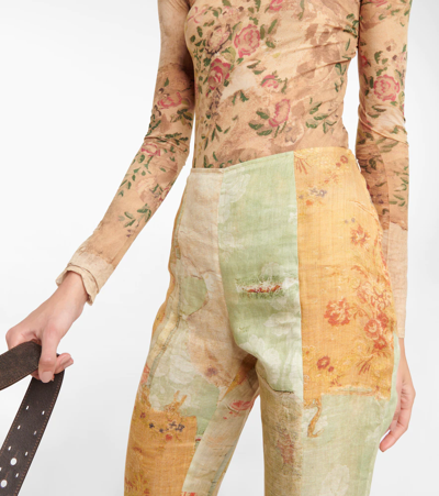 Shop Acne Studios Patchwork Linen Flared Pants In Green/orange