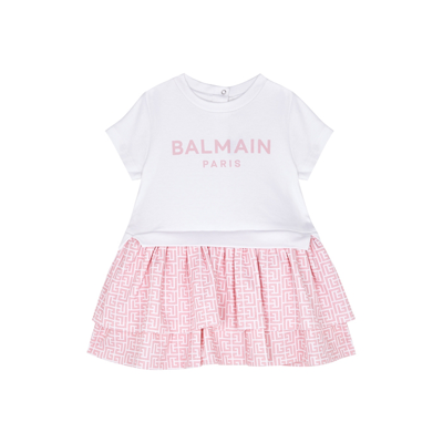 Shop Balmain Kids Logo-print Tiered Cotton Dress (3-9 Months) In Pink