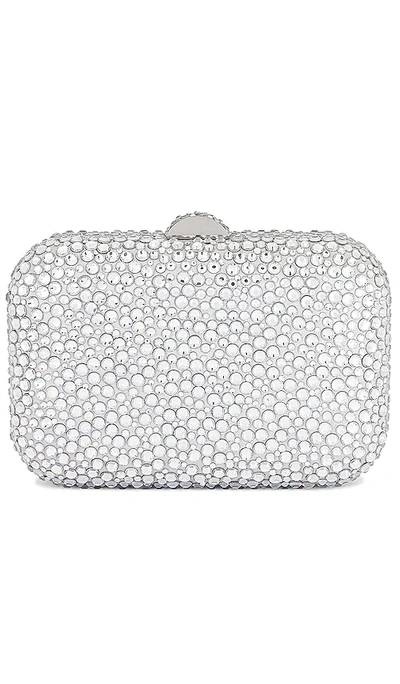 Shop Olga Berg Casey Hot Fix Encrusted Clutch In Metallic Silver