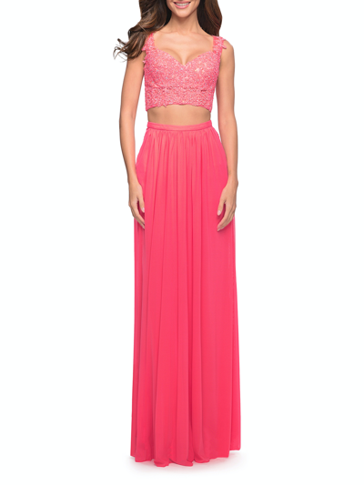 Shop La Femme Beaded Lace To Two Piece Prom Dress With Pockets In Orange