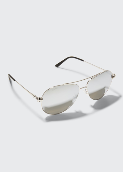 Shop Cartier Men's Panthére Metal Aviator Sunglasses In 04m Silver