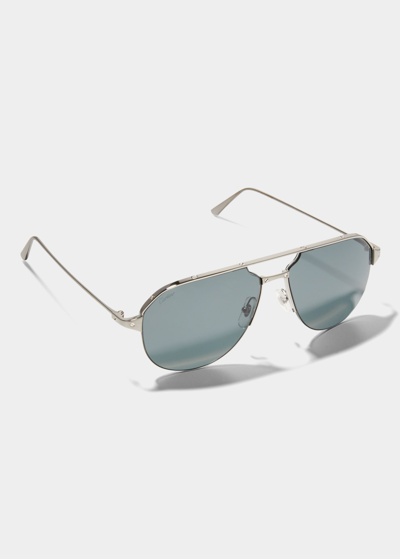 Shop Cartier Men's Double-bridge Metal Aviator Sunglasses In 05m Ruthenium