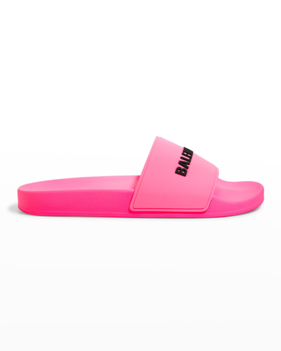 Shop Balenciaga Rubber Contrast Logo Pool Sandals In 5910 Fluo Pink Bl