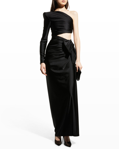 Shop Saint Laurent One-shoulder Cutout Bow Column Dress In Nero