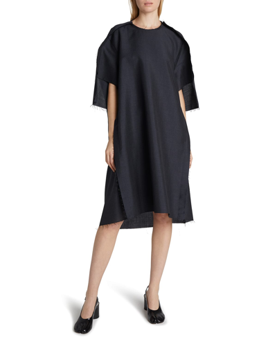 Shop Maison Margiela Raw-edge Oversized Wool T-shirt Dress In Stonegrey