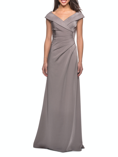 Shop La Femme Satin Floor Length Gown With Ruched Detailing In Grey