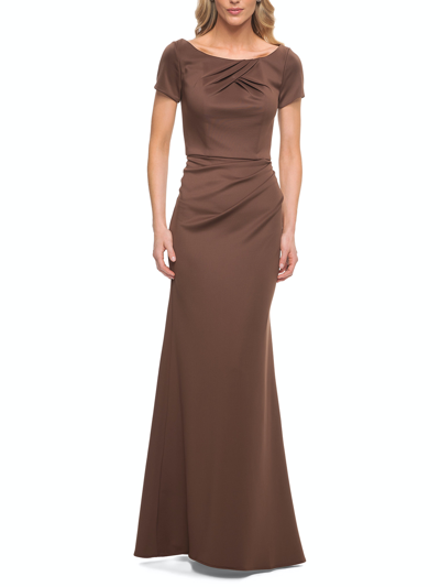 Shop La Femme Elegant Long Jersey Dress With Short Sleeves In Brown