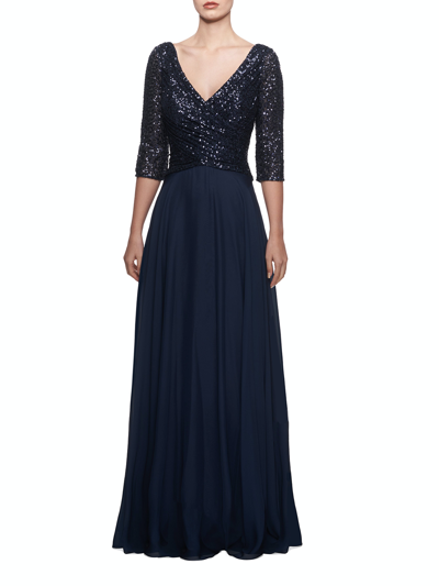 Shop La Femme Long Chiffon Evening Gown With Sequined Bodice In Blue