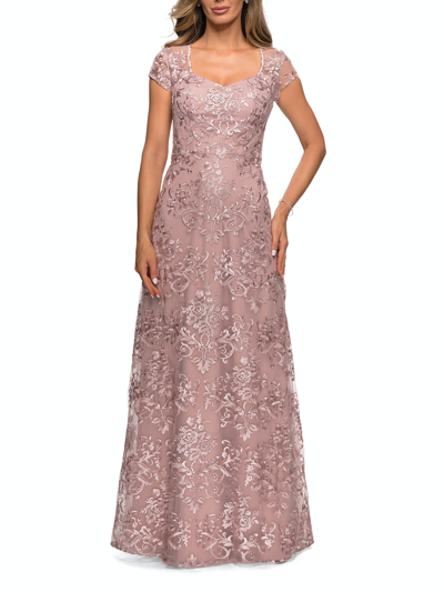 Shop La Femme Cap Sleeve Floral Gown With Sweetheart Neckline In Pink
