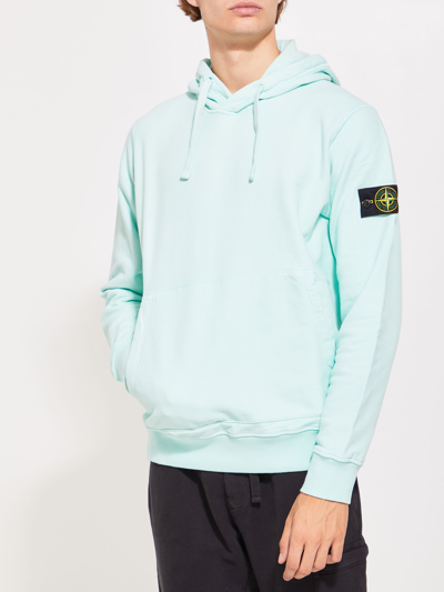 Shop Stone Island Turquoise Cotton Hoodie In Light Blue