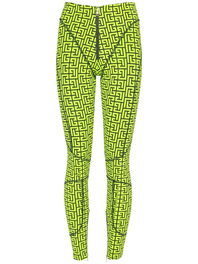 Shop Balmain Monogram-pattern Zip-up Leggings In Green