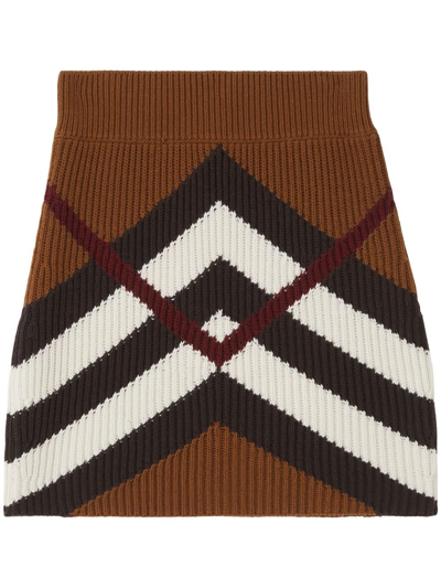 Shop Burberry Chevron Check Ribbed-knit Mini Skirt In Braun