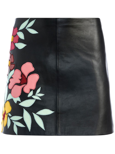 Shop Alice And Olivia Riley Embroidered Vegan Leather Skirt In Black