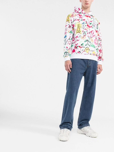 Shop Kenzo Floral-print Logo-patch Hoodie In Weiss