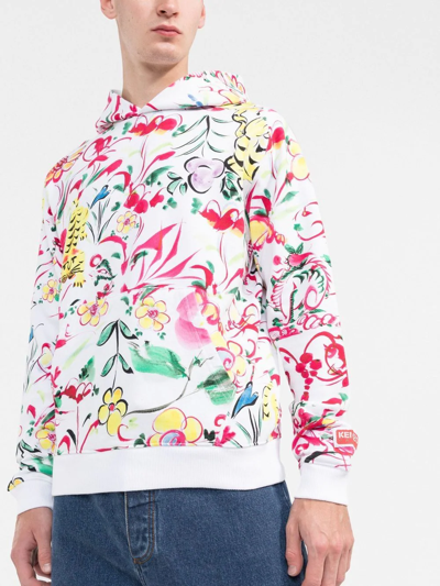 Shop Kenzo Floral-print Logo-patch Hoodie In Weiss