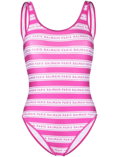 Shop Balmain Open-back Striped Swimsuit In Rosa