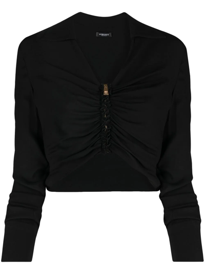Shop Versace Medusa Ruched Cropped Shirt In Schwarz