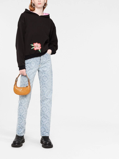 Kenzo Black Floral Embroidery Hoodie Double Face In Schwarz