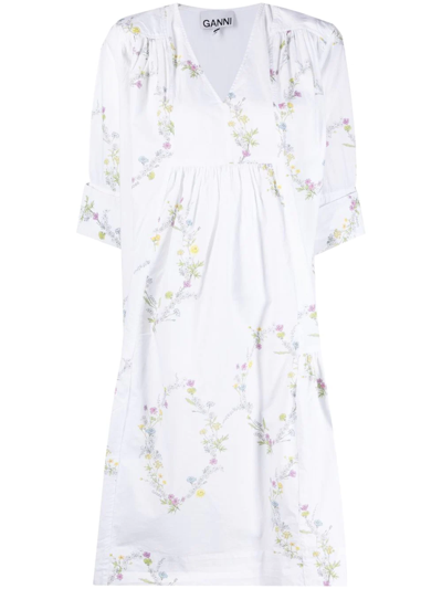 Shop Ganni Floral-print Cotton Dress In White